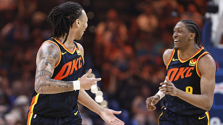 Apr 14, 2024; Oklahoma City, Oklahoma, USA; Oklahoma City Thunder forward Jalen Williams (8) and Oklahoma City Thunder forward Jaylin Williams (6) celebrate after scoring against the Dallas Mavericks during the second quarter at Paycom Center. Mandatory Credit: Alonzo Adams-Imagn Images