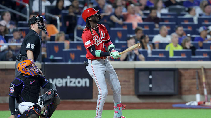 Sep 6, 2024; New York City, New York, USA; Cincinnati Reds shortstop Elly De La Cruz (44) watches his two run home run against the New York Mets during the fourth inning at Citi Field. Mandatory Credit: Brad Penner-Imagn Images Sep 6, 2024; New York City, New York, USA; Cincinnati Reds shortstop Elly De La Cruz (44) watches his two run home run against the New York Mets during the fourth inning at Citi Field. Mandatory Credit: Brad Penner-Imagn Images