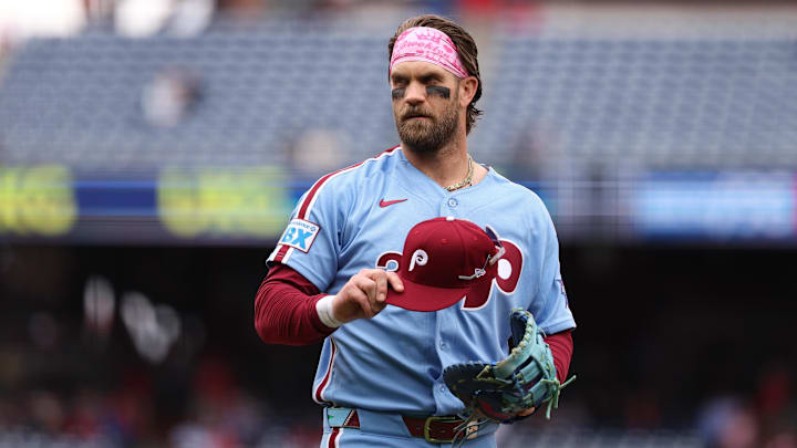 Apr 30, 2026; Philadelphia, Pennsylvania, USA; Philadelphia Phillies first baseman Bryce Harper