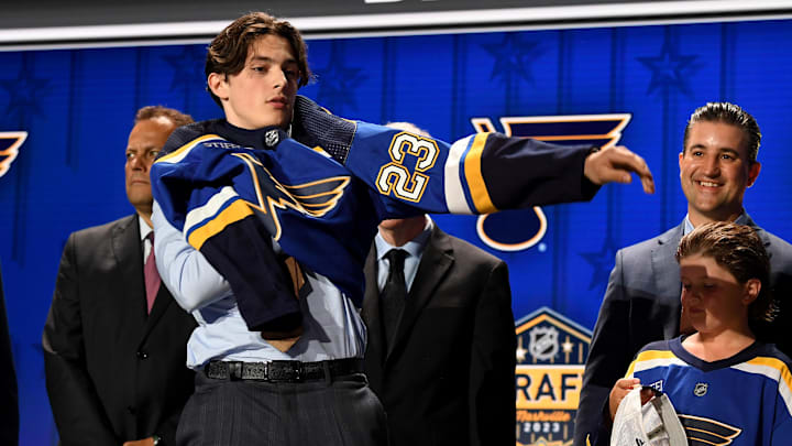 Jun 28, 2023; Nashville, Tennessee, USA; St. Louis Blues draft pick Dalibor Dvorsky puts on his sweater after being selected with the tenth pick in round one of the 2023 NHL Draft at Bridgestone Arena. Mandatory Credit: Christopher Hanewinckel-Imagn Images Jun 28, 2023; Nashville, Tennessee, USA; St. Louis Blues draft pick Dalibor Dvorsky puts on his sweater after being selected with the tenth pick in round one of the 2023 NHL Draft at Bridgestone Arena. Mandatory Credit: Christopher Hanewinckel-Imagn Images