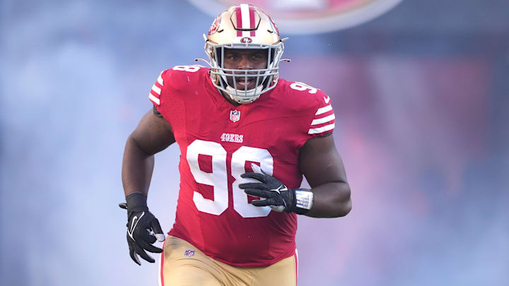 Oct 8, 2023; Santa Clara, California, USA; San Francisco 49ers defensive tackle Javon Hargrave (98) jogs on the field before the game against the Dallas Cowboys at Levi's Stadium. Oct 8, 2023; Santa Clara, California, USA; San Francisco 49ers defensive tackle Javon Hargrave (98) jogs on the field before the game against the Dallas Cowboys at Levi's Stadium.