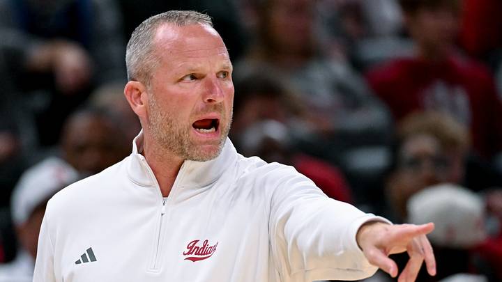 Oct 18, 2026; Indianapolis, IN, USA; Indiana Hoosiers head coach Darian DeVries looks on against the North Carolina Tar Heels during the first half at Gainbridge Fieldhouse. Mandatory Credit: Robert Goddin-Imagn Images