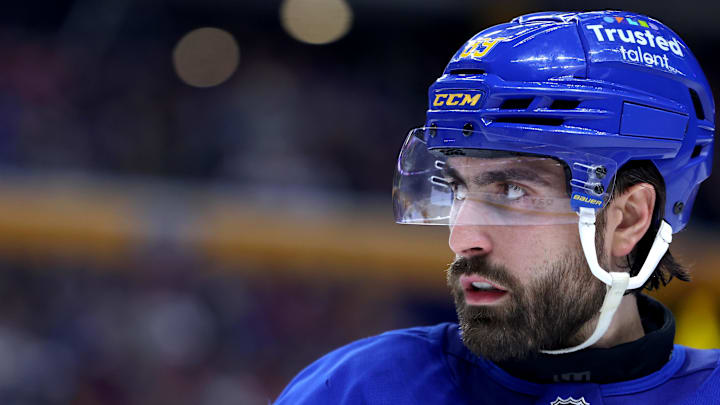 Jan 31, 2026; Buffalo, New York, USA;  Buffalo Sabres right wing Alex Tuch (89) during a stoppage in play against the Montréal Canadiens at KeyBank Center. Mandatory Credit: Timothy T. Ludwig-Imagn Images