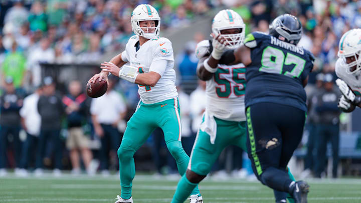  Miami Dolphins quarterback Tim Boyle (14) prepares to throw the ball during the third quarter against the Seattle Seahawks at Lumen Field in Week 3.