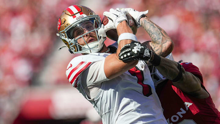 Sep 21, 2025; Santa Clara, California, USA; San Francisco 49ers wide receiver Ricky Pearsall (1) makes the catch against the Arizona Cardinals during the second half at Levi's Stadium. Mandatory Credit: Cary Edmondson-Imagn Images Sep 21, 2025; Santa Clara, California, USA; San Francisco 49ers wide receiver Ricky Pearsall (1) makes the catch against the Arizona Cardinals during the second half at Levi's Stadium. Mandatory Credit: Cary Edmondson-Imagn Images