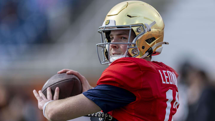 Jan 28, 2025; Mobile, AL, USA; American team quarterback Riley Leonard of Notre Dame (13) throws the ball during Senior Bowl practice for the American team at Hancock Whitney Stadium. Mandatory Credit: Vasha Hunt-Imagn Images Jan 28, 2025; Mobile, AL, USA; American team quarterback Riley Leonard of Notre Dame (13) throws the ball during Senior Bowl practice for the American team at Hancock Whitney Stadium. Mandatory Credit: Vasha Hunt-Imagn Images