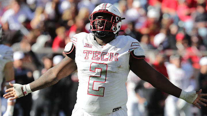 Texas Tech Red Raiders defensive lineman Lee Hunter (2) reacts in the second half of the game against the Brigham Young Cougars at Jones AT&T Stadium. Texas Tech Red Raiders defensive lineman Lee Hunter (2) reacts in the second half of the game against the Brigham Young Cougars at Jones AT&T Stadium.
