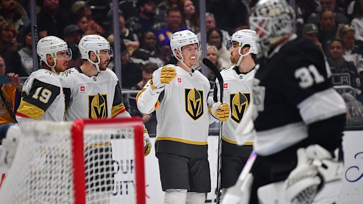 Feb 25, 2026; Los Angeles, California, USA; Vegas Golden Knights celebrate the goal scored by right wing Pavel Dorofeyev (16) against the Los Angeles Kings during the first period at Crypto.com Arena. Mandatory Credit: Gary A. Vasquez-Imagn Images