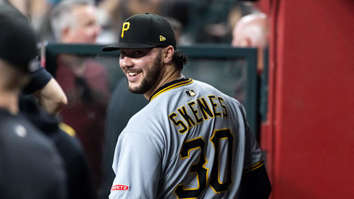 May 28, 2025; Phoenix, Arizona, USA; Pittsburgh Pirates pitcher Paul Skenes against the Arizona Diamondbacks in the seventh inning at Chase Field. Mandatory Credit: Mark J. Rebilas-Imagn Images