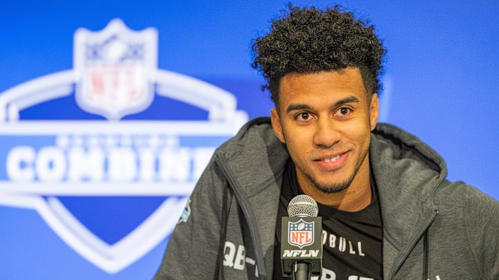 Mar 1, 2024; Indianapolis, IN, USA; Florida State quarterback Jordan Travis (QB13) talks to the media during the 2024 NFL Combine at Lucas Oil Stadium. Mandatory Credit: Trevor Ruszkowski-Imagn Images Mar 1, 2024; Indianapolis, IN, USA; Florida State quarterback Jordan Travis (QB13) talks to the media during the 2024 NFL Combine at Lucas Oil Stadium. Mandatory Credit: Trevor Ruszkowski-Imagn Images
