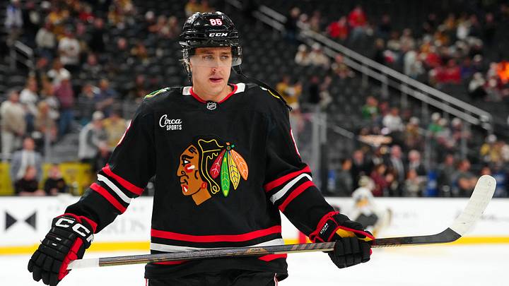Mar 14, 2026; Las Vegas, Nevada, USA; Chicago Blackhawks center Teuvo Teravainen (86) warms up before a game against the Vegas Golden Knights at T-Mobile Arena. Mandatory Credit: Stephen R. Sylvanie-Imagn Images