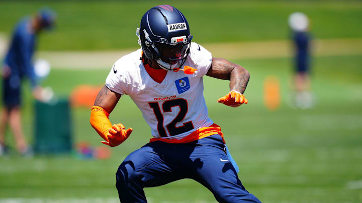 May 10, 2025; Englewood, CO, USA; Denver Broncos cornerback Jahdae Barron (12) during rookie minicamp at Broncos Park Powered by CommonSpirit. Mandatory Credit: Ron Chenoy-Imagn Images