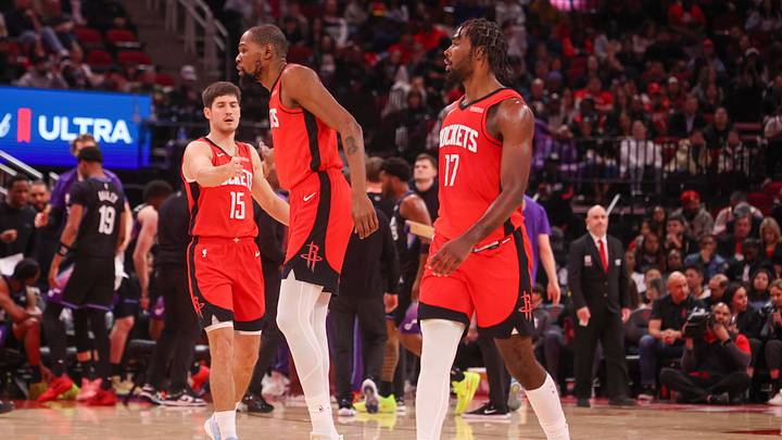 Feb 23, 2026; Houston, Texas, USA; Houston Rockets guard Reed Sheppard (15) celebrates forward Kevin Durant (7) and forward Tari Eason (17) play against the Utah Jazz in the second quarter at Toyota Center. Mandatory Credit: Thomas Shea-Imagn Images Feb 23, 2026; Houston, Texas, USA; Houston Rockets guard Reed Sheppard (15) celebrates forward Kevin Durant (7) and forward Tari Eason (17) play against the Utah Jazz in the second quarter at Toyota Center. Mandatory Credit: Thomas Shea-Imagn Images