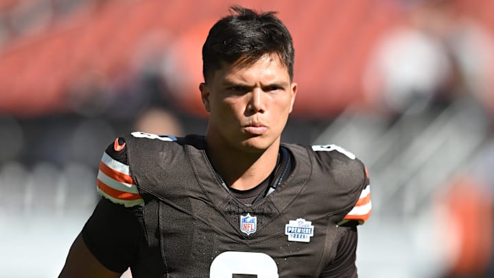 Sep 7, 2025; Cleveland, Ohio, USA; Cleveland Browns quarterback Dillon Gabriel (8) at Huntington Bank Field. Mandatory Credit: Ken Blaze-Imagn Images