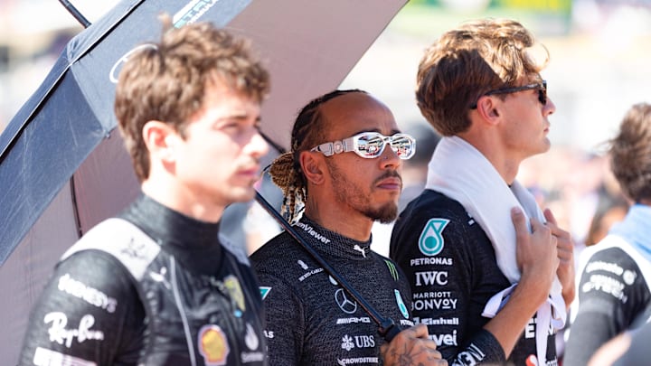 Oct 22, 2023; Austin, Texas, USA;  From left, Charles Leclerc of Ferrari, Lewis Hamilton and