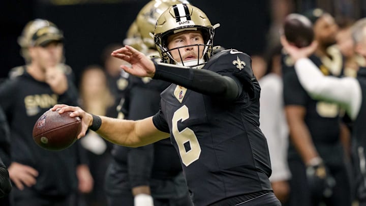 Dec 14, 2025; New Orleans, Louisiana, USA; New Orleans Saints quarterback Tyler Shough (6) throws a ball before the game against the Carolina Panthers at Caesars Superdome. Mandatory Credit: Matthew Hinton-Imagn Images