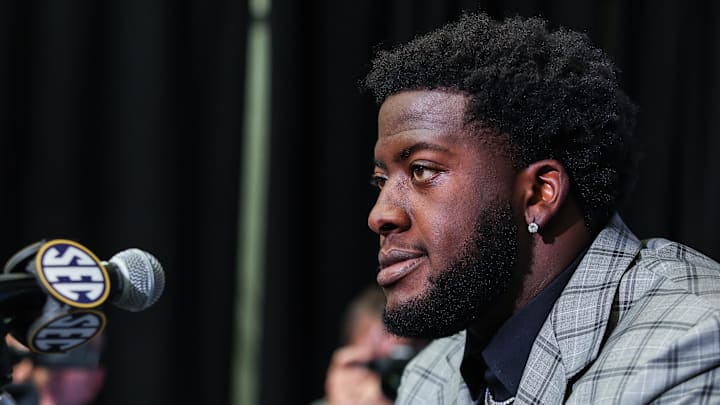 Jul 17, 2025; Atlanta, GA, USA; Texas A&M Aggies offensive lineman Ar’maj Reed-Adams answers questions from the media during the SEC Media Days at Omni Atlanta Hotel. Mandatory Credit: Jordan Godfree-Imagn Images