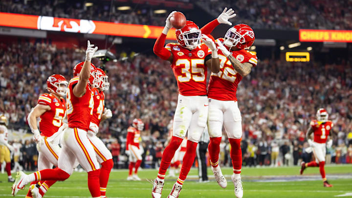 Jaylen Watson and Trent McDuffie celebrate a big play in the Super Bowl 