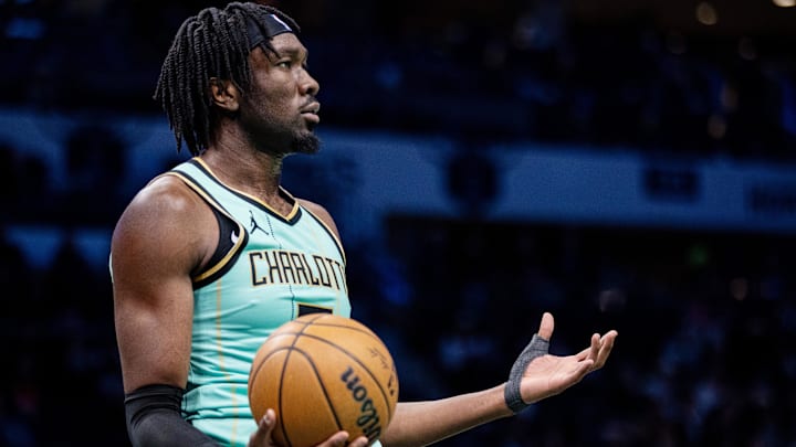 Charlotte Hornets center Mark Williams (5) reacts after a foul against the Portland Trail Blazers during the third quarter at Spectrum Center. 