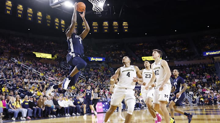 Feb 5, 2026; Ann Arbor, Michigan, USA; Penn State Nittany Lions forward Mason Blackwood (1) shoots in the second half against the Michigan Wolverines at Crisler Center. Mandatory Credit: Rick Osentoski-Imagn Images Feb 5, 2026; Ann Arbor, Michigan, USA; Penn State Nittany Lions forward Mason Blackwood (1) shoots in the second half against the Michigan Wolverines at Crisler Center. Mandatory Credit: Rick Osentoski-Imagn Images
