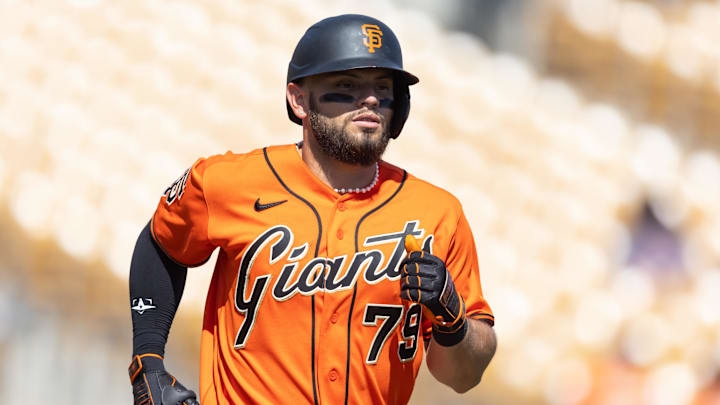 Mar 2, 2026; Phoenix, Arizona, USA; San Francisco Giants catcher Jesus Rodriguez against the Chicago White Sox during a spring training game at Camelback Ranch-Glendale. Mandatory Credit: Mark J. Rebilas-Imagn Images