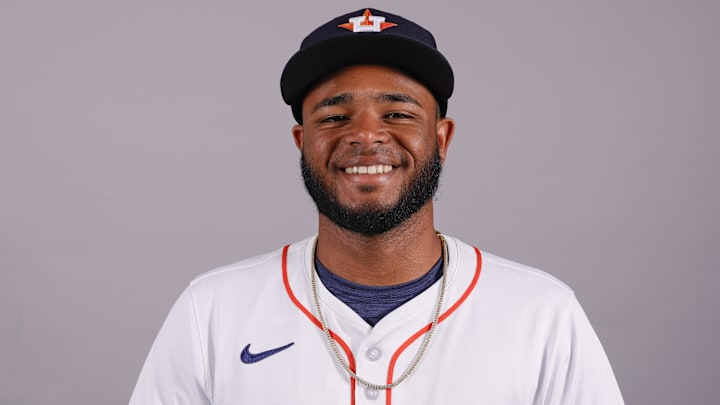 Feb 20, 2025; West Palm Beach, FL, USA; Houston Astros right hand pitcher Jose Fleury poses for a photo at the Houston Astros media day. Feb 20, 2025; West Palm Beach, FL, USA; Houston Astros right hand pitcher Jose Fleury poses for a photo at the Houston Astros media day.