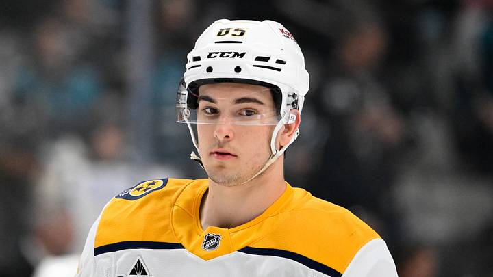 Apr 4, 2026; San Jose, California, USA; Nashville Predators defenseman Ryan Ufko (85) looks on before the game against the San Jose Sharks at SAP Center at San Jose. Mandatory Credit: Eakin Howard-Imagn Images
