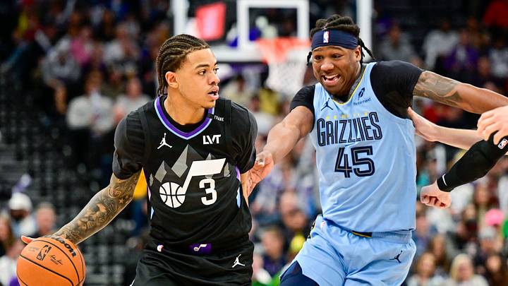 Dec 23, 2025; Salt Lake City, Utah, USA; Utah Jazz guard Keyonte George (3) looks to pass around Memphis Grizzlies forward GG Jackson (45) during the second half at Delta Center. Mandatory Credit: Peter Creveling-Imagn Images Dec 23, 2025; Salt Lake City, Utah, USA; Utah Jazz guard Keyonte George (3) looks to pass around Memphis Grizzlies forward GG Jackson (45) during the second half at Delta Center. Mandatory Credit: Peter Creveling-Imagn Images