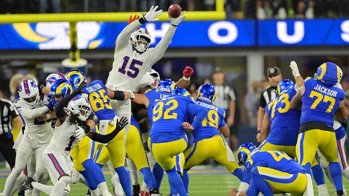 Oct 12, 2026; Inglewood, California, USA;  Buffalo Bills linebacker Greg Rousseau (15) blocks a field goal from Los Angeles Rams place kicker Harrison Mevis (92) during overtime at SoFi Stadium.  Mandatory Credit: Jayne Kamin-Oncea-Imagn Images
