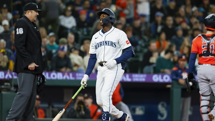 Apr 8, 2025; Seattle, Washington, USA; Seattle Mariners second baseman Ryan Bliss (1) reacts after striking out to end the second inning against the Houston Astros at T-Mobile Park. Mandatory Credit: Joe Nicholson-Imagn Images Apr 8, 2025; Seattle, Washington, USA; Seattle Mariners second baseman Ryan Bliss (1) reacts after striking out to end the second inning against the Houston Astros at T-Mobile Park. Mandatory Credit: Joe Nicholson-Imagn Images