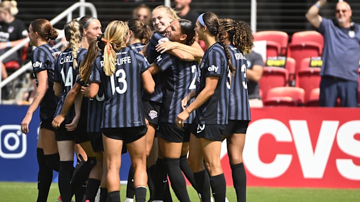 Washington Spirit forward Trinity Rodman (2) celebrates with teammates after scoring a goal against the Houston Dash during the second half at Audi Field