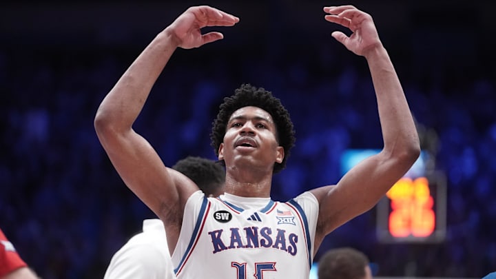 Kansas Jayhawks forward Bryson Tiller (15) hypes the crowd up in the final minute of play against Arizona Wildcats during the game inside Allen Fieldhouse on Feb. 9, 2026.