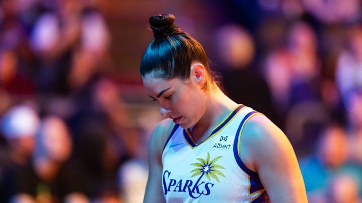 Sep 9, 2025; Phoenix, Arizona, USA; Los Angeles Sparks guard Kelsey Plum (10) against the Phoenix Mercury during a WNBA game at PHX Arena. Mandatory Credit: Mark J. Rebilas-Imagn Images