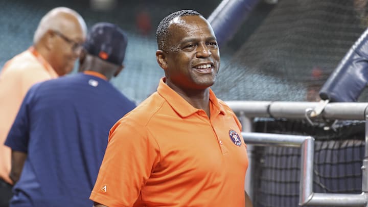 Jul 25, 2023; Houston, Texas, USA; Houston Astros general manager Dana Brown on the field before the game against the Texas Rangers at Minute Maid Park.