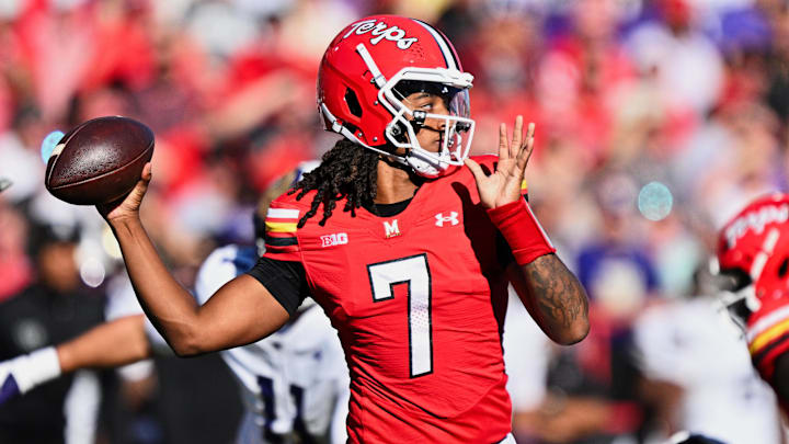Maryland quarterback Malik Washington throws against the Washington Huskies on Oct. 4, 2025, at SECU Stadium in College Park.