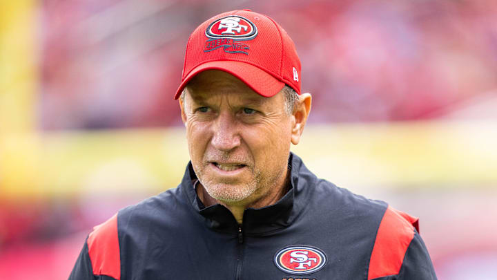 September 18, 2022; Santa Clara, California, USA; San Francisco 49ers offensive line/run game coordinator Chris Foerster before the game against the Seattle Seahawks at Levi's Stadium. Mandatory Credit: Kyle Terada-Imagn Images