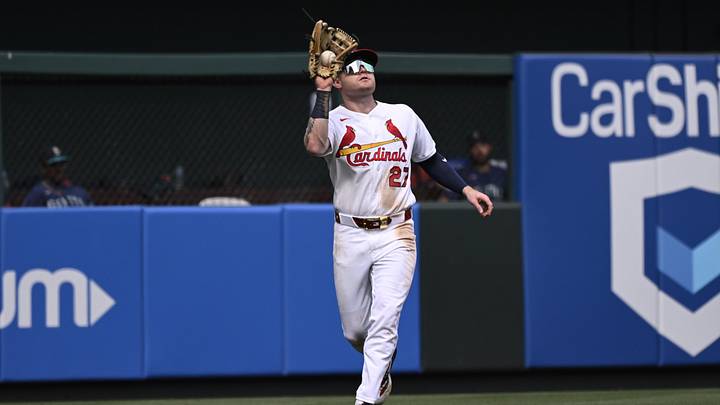 Apr 26, 2026; St. Louis, Missouri, USA; St. Louis Cardinals left fielder Nathan Church (27) catches fly ball hit by the Seattle Mariners in the seventh inning at Busch Stadium. Mandatory Credit: Joe Puetz-Imagn Images Apr 26, 2026; St. Louis, Missouri, USA; St. Louis Cardinals left fielder Nathan Church (27) catches fly ball hit by the Seattle Mariners in the seventh inning at Busch Stadium. Mandatory Credit: Joe Puetz-Imagn Images