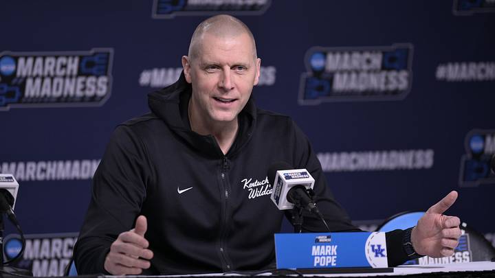 Mar 19, 2026; St. Louis, MO, USA; Kentucky Wildcats head coach Mark Pope speaks during an interview at the practice session ahead of the first round of the men's 2026 NCAA Tournament at Enterprise Center. Mandatory Credit: Jeff Le-Imagn Images
