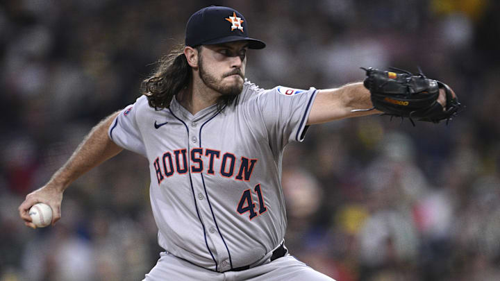 Sep 16, 2024; San Diego, California, USA; Houston Astros starting pitcher Spencer Arrighetti (41) pitches against the San Diego Padres during the first inning at Petco Park. Sep 16, 2024; San Diego, California, USA; Houston Astros starting pitcher Spencer Arrighetti (41) pitches against the San Diego Padres during the first inning at Petco Park.