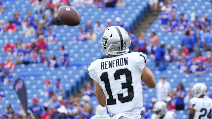 Sep 17, 2023; Orchard Park, New York, USA; Las Vegas Raiders wide receiver Hunter Renfrow (13) warms