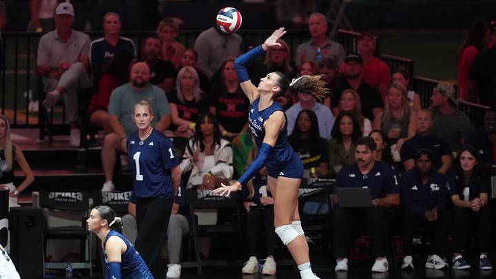Aug 27, 2026; Arlington, TX, USA; Penn State Nittany Lions right side Kennedy Martin (18) attacks the ball against an SMU Mustangs block during their volleyball match at AT&T Stadium. Mandatory Credit: Chris Jones-Imagn Images Aug 27, 2026; Arlington, TX, USA; Penn State Nittany Lions right side Kennedy Martin (18) attacks the ball against an SMU Mustangs block during their volleyball match at AT&T Stadium. Mandatory Credit: Chris Jones-Imagn Images