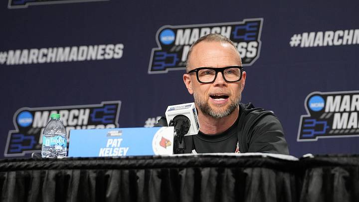 Mar 18, 2026; Buffalo, NY, USA; Louisville Cardinals head coach Pat Kelsey answer questions during the press conference ahead of the first round of the men's 2026 NCAA Tournament at Keybank Center. Mandatory Credit: Gregory Fisher-Imagn Images