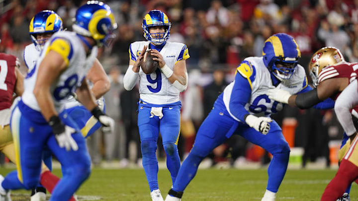 Dec 12, 2024; Santa Clara, California, USA; Los Angeles Rams quarterback Matthew Stafford (9) drops back to pass against the San Francisco 49ers in the fourth quarter at Levi's Stadium. Mandatory Credit: Cary Edmondson-Imagn Images Dec 12, 2024; Santa Clara, California, USA; Los Angeles Rams quarterback Matthew Stafford (9) drops back to pass against the San Francisco 49ers in the fourth quarter at Levi's Stadium. Mandatory Credit: Cary Edmondson-Imagn Images