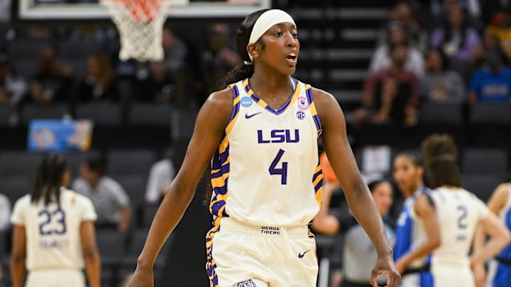 Mar 27, 2026; Sacramento, CA, USA; Louisiana State Tigers guard Flau'jae Johnson (4) walks up the court against the Duke Blue Devils during a Sweet Sixteen game of the Sacramento Regional 2 of the women's 2026 NCAA Tournament at Golden 1 Center. Mandatory Credit: Ed Szczepanski-Imagn Images Mar 27, 2026; Sacramento, CA, USA; Louisiana State Tigers guard Flau'jae Johnson (4) walks up the court against the Duke Blue Devils during a Sweet Sixteen game of the Sacramento Regional 2 of the women's 2026 NCAA Tournament at Golden 1 Center. Mandatory Credit: Ed Szczepanski-Imagn Images