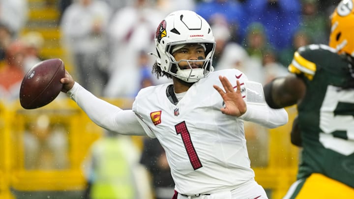 Oct 13, 2024; Green Bay, Wisconsin, USA;  Arizona Cardinals quarterback Kyler Murray (1) throws a pass during the first quarter against the Green Bay Packers at Lambeau Field. Mandatory Credit: Jeff Hanisch-Imagn Images