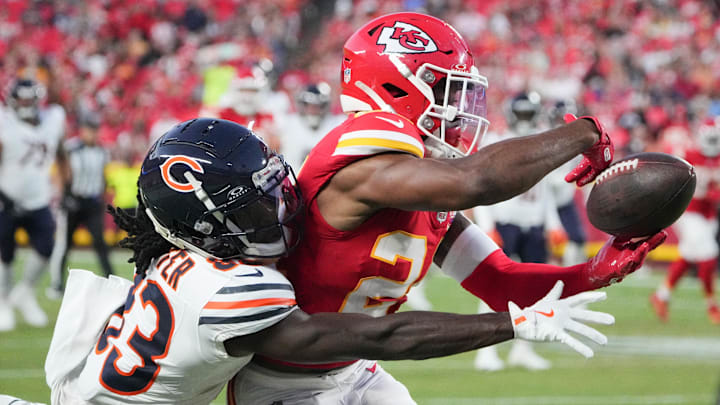 Aug 22, 2024; Kansas City, Missouri, USA; Kansas City Chiefs cornerback Kelvin Joseph (24) breaks up a pass intended for Chicago Bears wide receiver Nsimba Webster (83) during the game at GEHA Field at Arrowhead Stadium. Aug 22, 2024; Kansas City, Missouri, USA; Kansas City Chiefs cornerback Kelvin Joseph (24) breaks up a pass intended for Chicago Bears wide receiver Nsimba Webster (83) during the game at GEHA Field at Arrowhead Stadium.