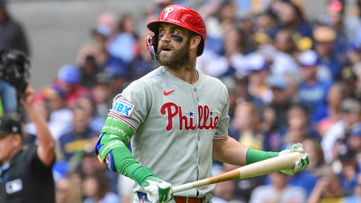 Sep 4, 2025; Milwaukee, Wisconsin, USA; Philadelphia Phillies first baseman Bryce Harper (3) reacts after flying out against the Milwaukee Brewers in the first inning at American Family Field. 