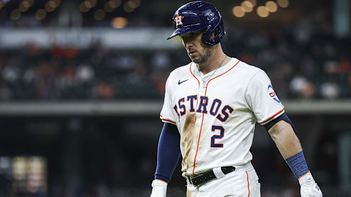 May 2, 2024; Houston, Texas, USA; Houston Astros third baseman Alex Bregman (2) reacts after a play