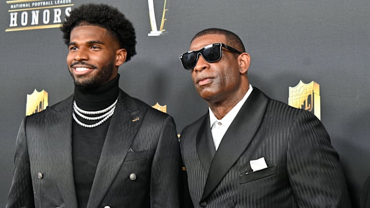 Deion Sanders (right) with his son Shedeur Sanders (left) pose on the red carpet of the 2025 NFL Honors event. Deion Sanders (right) with his son Shedeur Sanders (left) pose on the red carpet of the 2025 NFL Honors event.