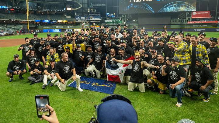 The Milwaukee Brewers celebrate their 3-1 win over the Chicago Cubs after their National League Division Series game Saturday, October 11, 2025 at American Family Field in Milwaukee, Wisconsin.
